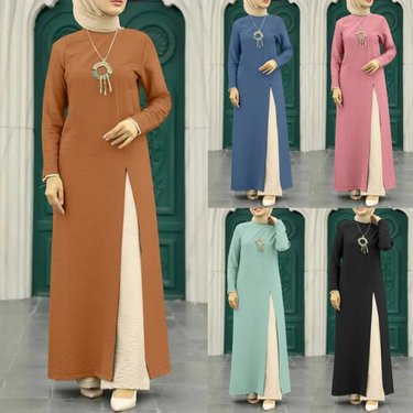 women's ice silk wrinkled long-sleeved high-slit hem dress fashionable solid color elegant intellectual ladies robe_viptrois.com