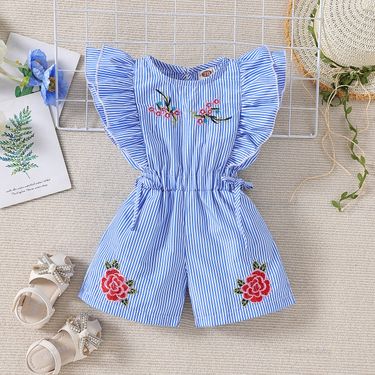 Toddler Girls Clothing Fashionable Summer Girls Jumpsuit Striped Flying Sleeves Embroidery Waist Thin Children's Jumpsuit_voghion.com