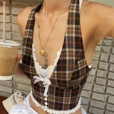 K Euro-American Style Women's Clothing New Fashion Sexy Sweet Retro Plaid Neck-tie Vest Top Female_voghion.com