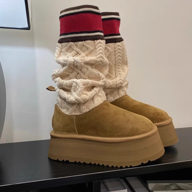 Leather and fur integrated snow yarn tube, winter 2024 new sponge cake thick sole, high tube boots, women's trend_voghion.com