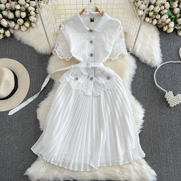 Women’s Clothing summer light luxury lady temperament short sleeved lapel lace patchwork waist slim A line pleated dress female_voghion.com