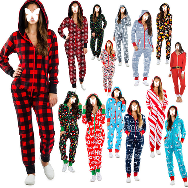 Women's clothing hot holiday home wear Christmas pajamas hoodie zipper pullover jumpsuit_voghion.com