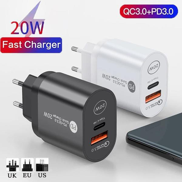 20W PD+USB Fast Charge Adapter QC 3.0 Fast Charge Type-C Charger Europe/America/British Wall Phone Fast Charge Household Wall Charger Travel Adapter_voghion.com