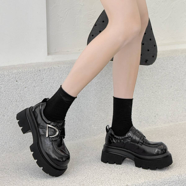 Cameido Women's Black PU Round-Toe Loafers With 6.5CM Heel & PU Sole_voghion.com