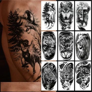 New Disposable Temporary Animal Flower Tattoo Half Arm Lion Tiger Wolf Head Waterproof Stickers For Men Women Female Girl Boy Male_voghion.com