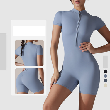 European And American Solid Color High Elastic Half-open Zipper Tight Short Bodysuit Dance Fitness Tight Sports Bodysuit_voghion.com