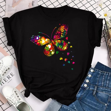 hot selling New Fashion Women T-shirt Colorful Butterfly Petal Print Short Sleeve and Round Neck Cute Graphic Tee Shirts Female Tops_voghion.com