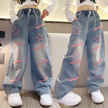 Kid's Clothing Girls jeans 2024 spring new style medium and large children's street straight wide leg pants girls fashion embroidered jeans_viptrois.com