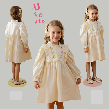 Mother & Kids French flower embroidery stand collar girl dress 2024 autumn style ruffled long sleeves sweet children's princess dress_voghion.com