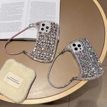 High-end Crystal Bag With Single Shell Same Style Flash Diamond Strap Phone Case For IPhone 16 Pro Max 15 Pro 14 13 12 11 Case_voghion.com