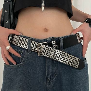 Gothic dark style hollowed out with rivets, punk versatile belt, neutral y2k metal non perforated full hole belt_voghion.com