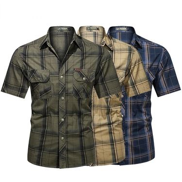 Men Lapel Shirt Plaid Printing Shirts Summer Short-sleeve Shirts Fashion Tops Casual Streetwear Male Work Shirts Green M-5XL_mkmklike.com