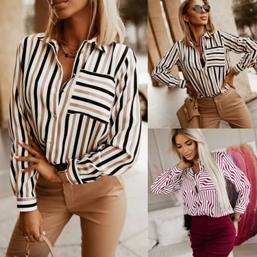 Women's Clothing Autumn All match Simple Striped Print V neck Shirt _voghion.com