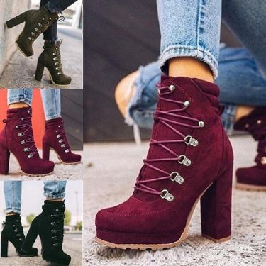Women's Shoes autumn and winter waterproof platform high heel lace up rivet short boots suede Martin boots_voghion.com