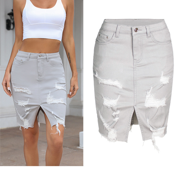 Women's dress Women's skirt skirt fringe hole denim skirt sexy hip skirt candy color middress_voghion.com