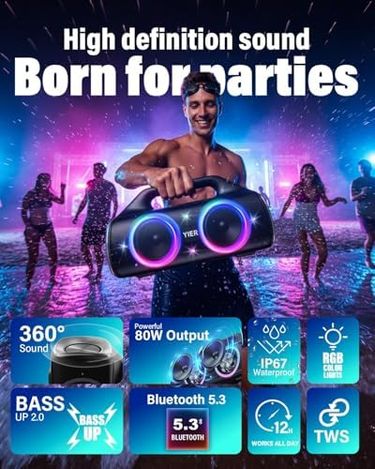 80w(Peak)Portable Wireless Speaker With Lights,Stereo Loud Sound,IP67 Waterproof,Deep Bass Outdoor Bluetooth-5.0 ,For Home Party Beach Camping Gifts_voghion.com