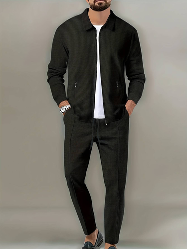 Men's Casual Waffle-Knit Solid Jacket Set - Spring/Autumn Essential With Textured Comfort_voghion.com