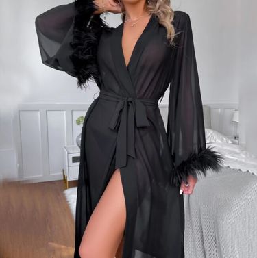 Men's Sleep Item Sexy Large Size Long Mesh Nightgown Simulation Feather Long Sleeve Ladies Home Clothes Pajamas_voghion.com