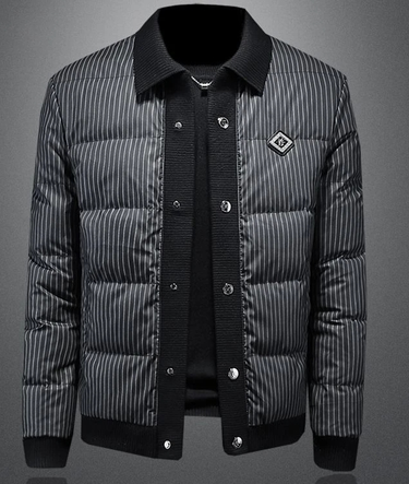 Knitted Shirt Collar down Jacket Men's 2024 Winter New Casual Thickening Fashion Brand Striped White Duck down Coat Men_voghion.com