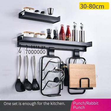 Black Space Aluminum Kitchen Rack Wall Mounted Spice Rack Multi Function Bathroom Storage Rack Hook Punch Free_voghion.com