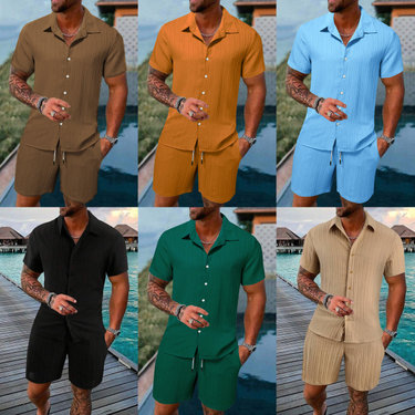2023 Summer Men's Shirt Casual Loose Short sleeved Shorts Beach Set_voghion.com