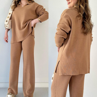 Women's Fashion Solid Color Under Loose Spread Fork Knitwear Two-piece Set_voghion.com
