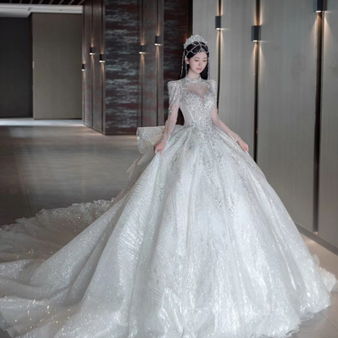 Women's Clothing wedding dress with long train retro palace style starry sky princess dress with mid sleeves simple and slim Wedding dresses_voghion.com