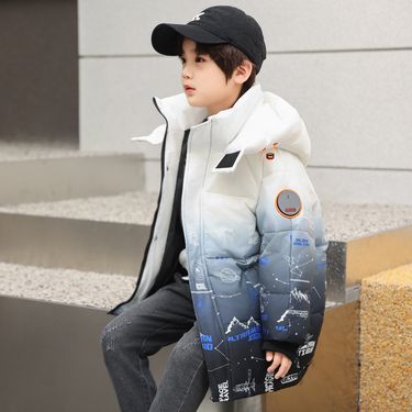 Boys' Longline Puffer Jacket – 90% White Duck Down Winter Coat, Korean-Style Hooded Parka, Black/White, Sizes 120-170cm_voghion.com