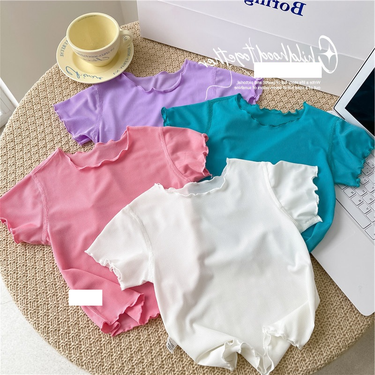 Kid's Clothing Girls summer short sleeved T-shirt baby stylish children's personality trendy candy color wood ear edge ice silk half sleeve_viptrois.com
