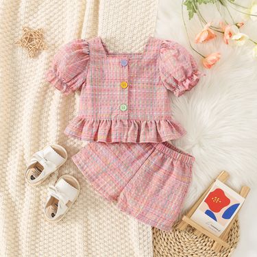 Summer New Baby Girls Two-Piece Set Bubble Sleeve Plaid Pattern Button Ruffle Lace Square Collar Sweet Casual Two-Piece Set_voghion.com