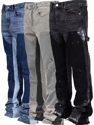 Men's Denim Overalls European And American Fashion Ins Overalls Style Elastic Patch Denim Layered Flared Pants_voghion.com