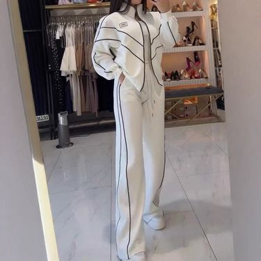 Women's Clothing Spring And Autumn New Casual Loose Stand Up Collar Cardigan Wide Leg Pants Two Piece Set_voghion.com