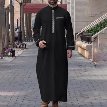 Muslim Long Sleeved Embroidered Stand Collar Arabic Style Loose Men's Casual Robe ()_voghion.com