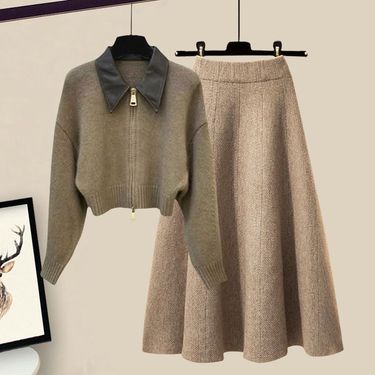 Women's Clothing Large size winter professional suit for fat women, high end, small and slim, meat covering sweater skirt two piece suit_voghion.com