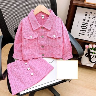 Toddler Girls Clothing Autumn And Winter New Children's Clothing Fashion Pink Jacquard Denim Jacket And Skirt Set_voghion.com