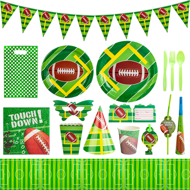 Rugby themed birthday party venue decoration props, disposable paper cups, plates, tableware sets, supplies_voghion.com