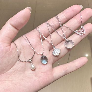 Korean Style S Pure Silver Sweet Aquamarine Butterfly Necklace For Women, Non-Fading, Niche High-End Sense, Light Luxury_voghion.com