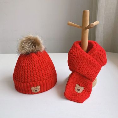 Children's Autumn/Winter Scarf Two Piece with Velvet for Men and Women's Baby Hats Set Little Bear Knitted Hat_voghion.com