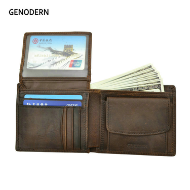 GENODERN Cow Leather Men Wallets with Coin Pocket Vintage Male Purse RFID Blocking Genuine Leather Men Wallet with Card_voghion.com