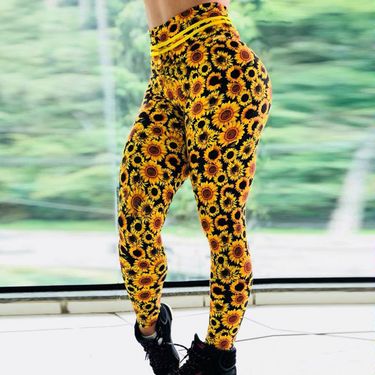 Sunflower Digital Print Slim High Waist Sports Yoga Pants Leggings_voghion.com