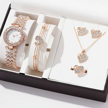 6pcs/set ladies' full diamond scaleless steel band quartz watch + heart jewelry set_voghion.com
