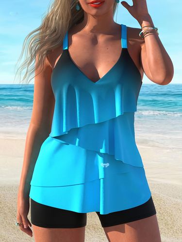 Women's Ombre Blue Tankini 2pcs Set Tiered Layered Ruffled_voghion.com