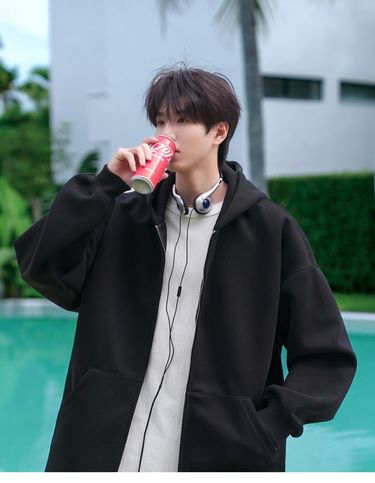 New men's solid color cardigan sweatshirt, men's casual versatile spring and autumn hooded jacket, men's clothing_voghion.com