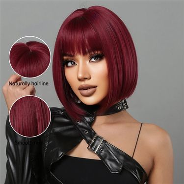 hot selling Short Wine Red For Women Bury Bob Wigs With Thick Bangs Heat Resistant Synthetic Wig_viptrois.com