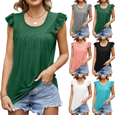 Women's Lace Round Neck Pleated Splice Solid T-shirt Tank Tops_viptrois.com