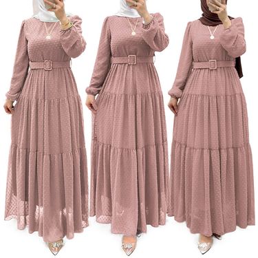 Women's Clothing Muslim Solid Color Temperament Robe With Belt New Dress_voghion.com