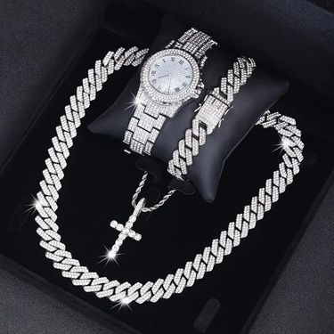 Hip-Hop Inlaid With Rhinestones Rap Cuban Bracelet Necklace Matching Watch Set_voghion.com
