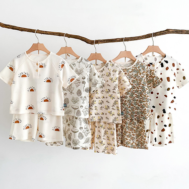 Baby Pamas Set for Girls Boy Kids Short Sleeve Print Sleepwear Breathable Cotton Waffler Home Clothes Children Pyjamas_voghion.com