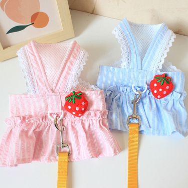 Pet Teddy Pomeranian Puppy Cat Clothes Princess Style Strawberry Spring Summer Thin Chest Back Leash Skirt_voghion.com
