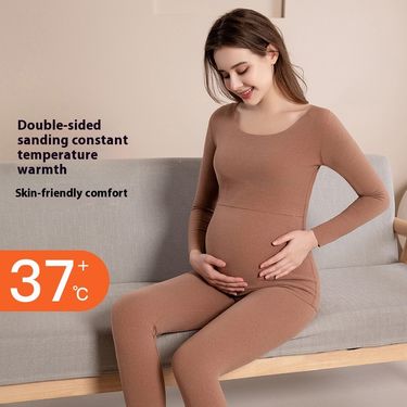 Pregnant women's velvet warm pants sets, autumn winter tops, nursing and confinement clothes, belly protection underwear_voghion.com
